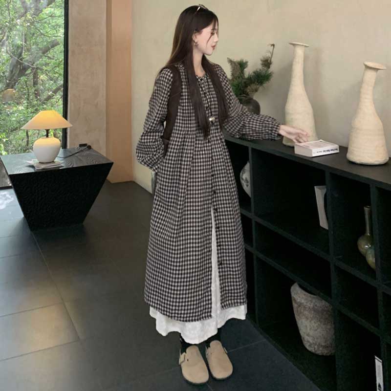 チェック柄ロングシャツワンピース