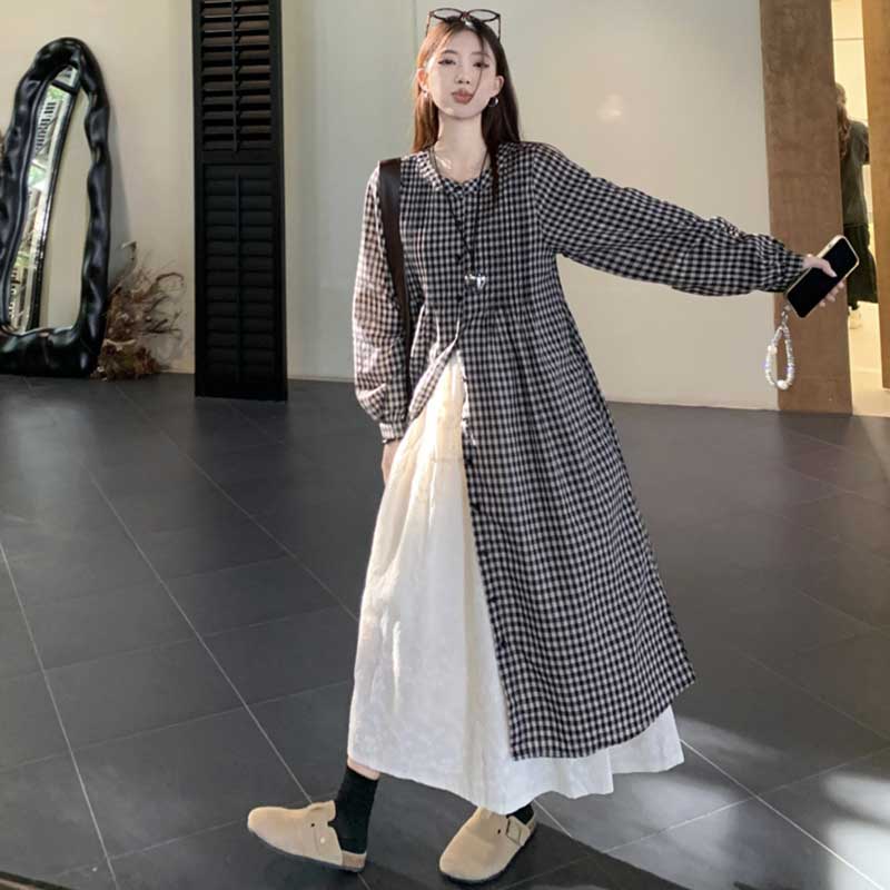 チェック柄ロングシャツワンピース