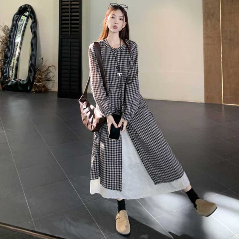 チェック柄ロングシャツワンピース