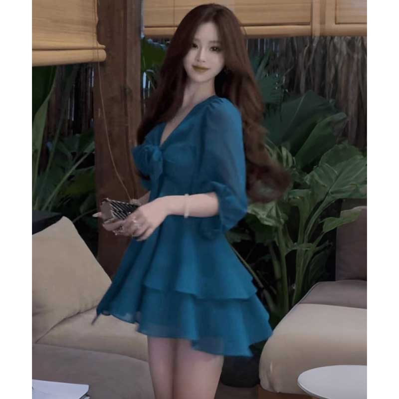 シフォンVネックリボンワンピース(4colors)
