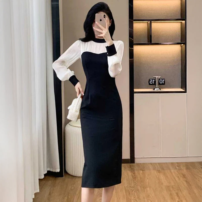 モノトーン切り替えタイトワンピース（白・黒）秋/冬 モノトーンで  