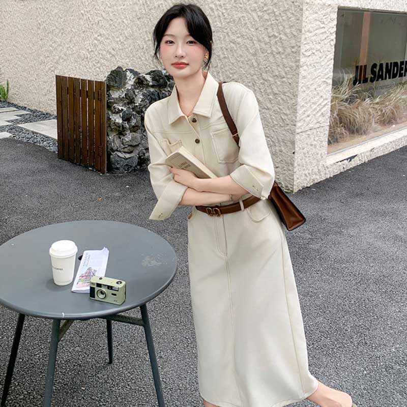 ワークテイストシャツワンピース(2colors)（白・青）春/秋 知的で都会
