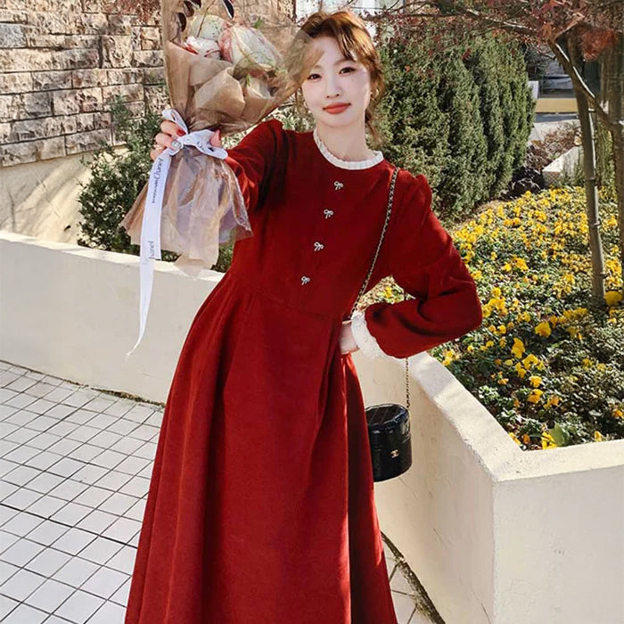 レトロラウンドネックワンピース（赤）秋/冬 レディライクなムードの