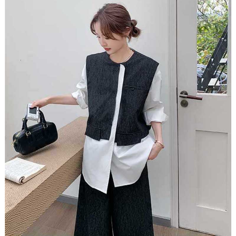 レイヤード風ブラウス×ワイドクロップドパンツ