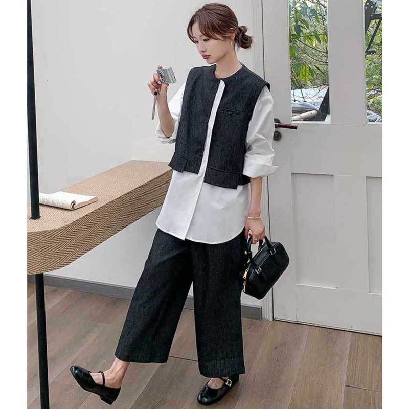 レイヤード風ブラウス×ワイドクロップドパンツ