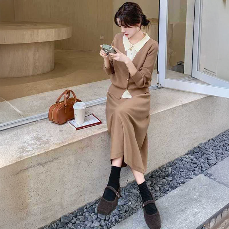 フェイクレイヤードカーディガン×フレアスカート(2colors)