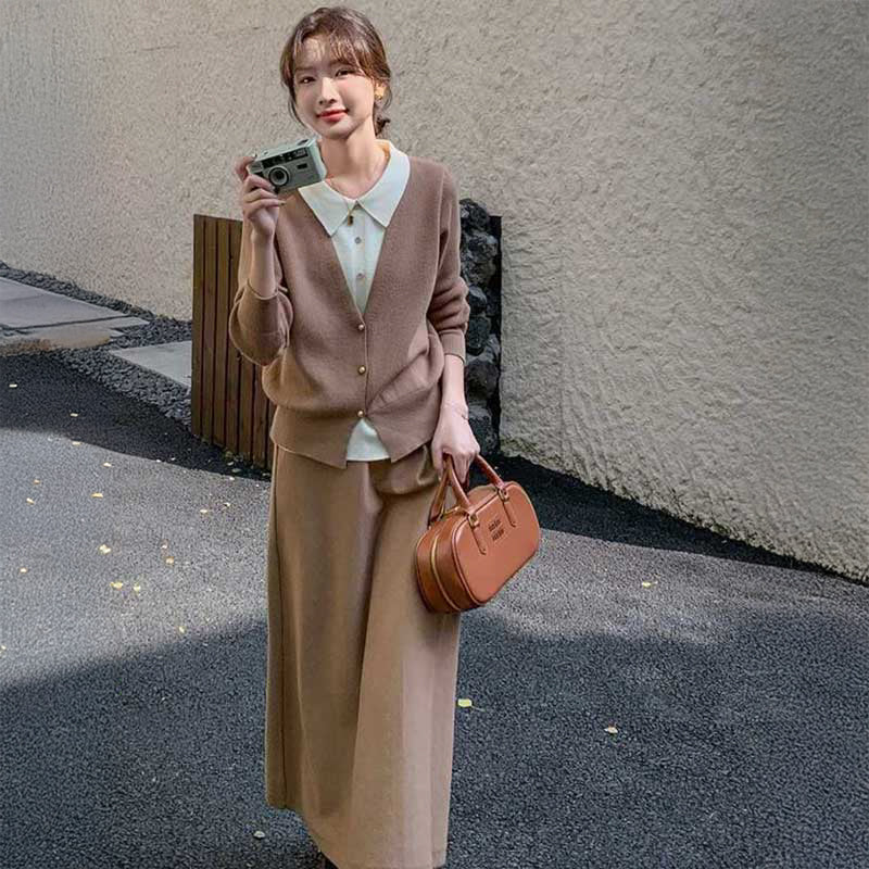 フェイクレイヤードカーディガン×フレアスカート(2colors)