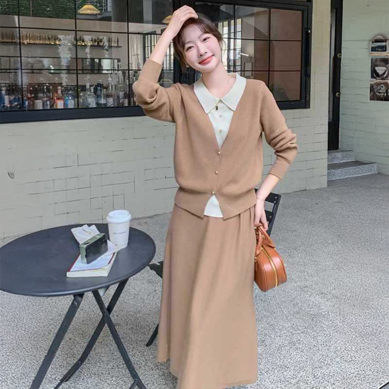 フェイクレイヤードカーディガン×フレアスカート(2colors)