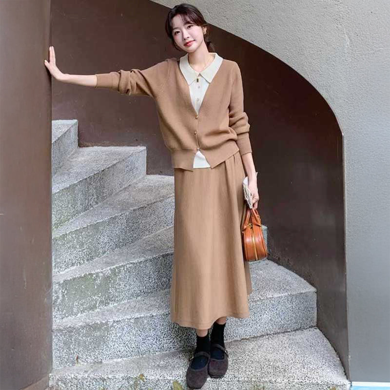 フェイクレイヤードカーディガン×フレアスカート(2colors)