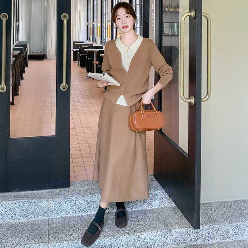 フェイクレイヤードカーディガン×フレアスカート(2colors)