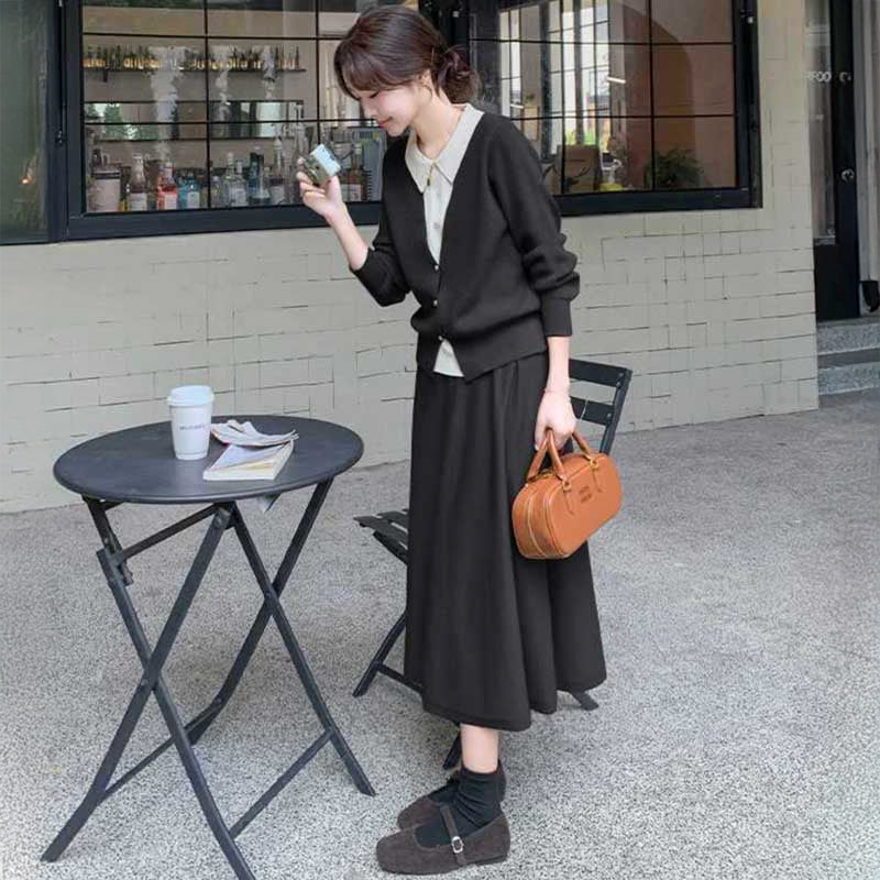 フェイクレイヤードカーディガン×フレアスカート(2colors)