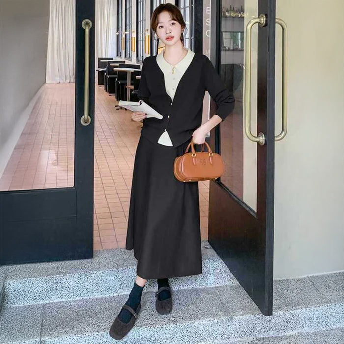 フェイクレイヤードカーディガン×フレアスカート(2colors)