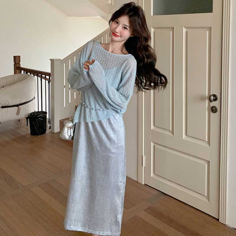 シアーニット×シャイニーキャミワンピース