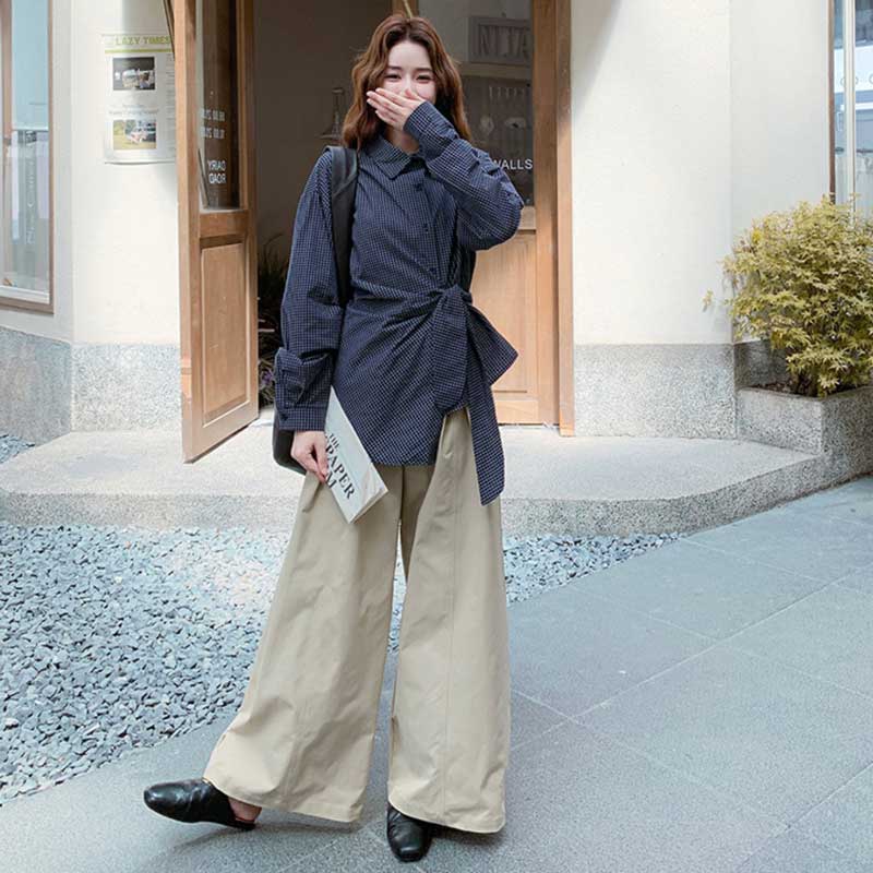 サイドリボンシャツ×ルーズワイドパンツ