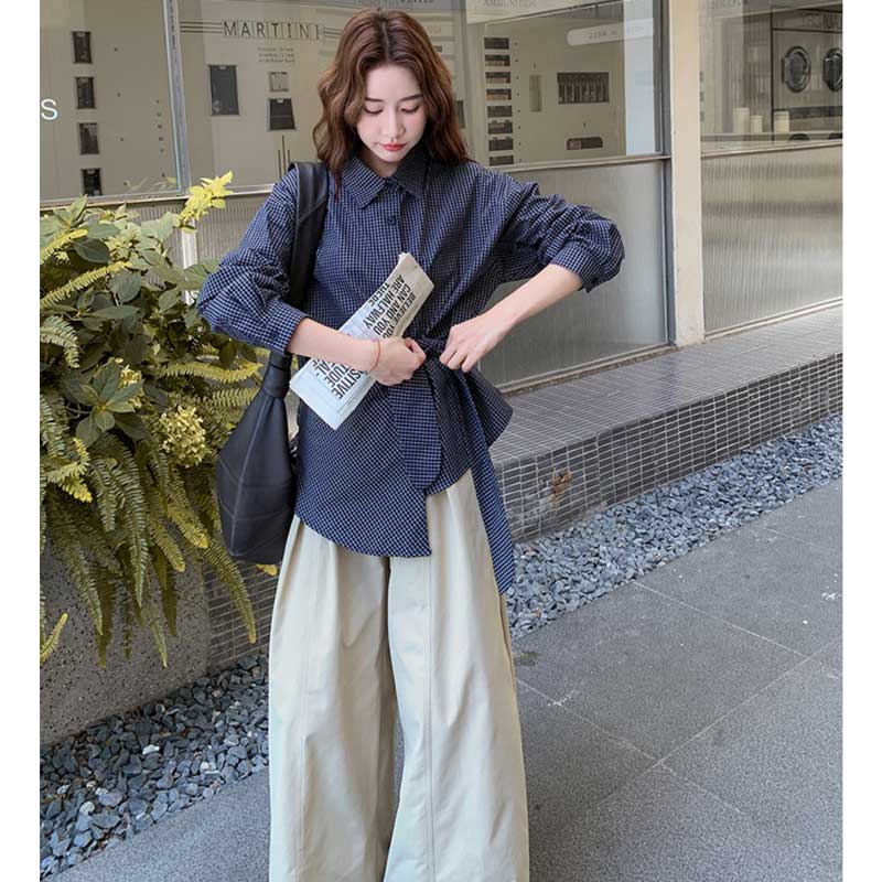 サイドリボンシャツ×ルーズワイドパンツ