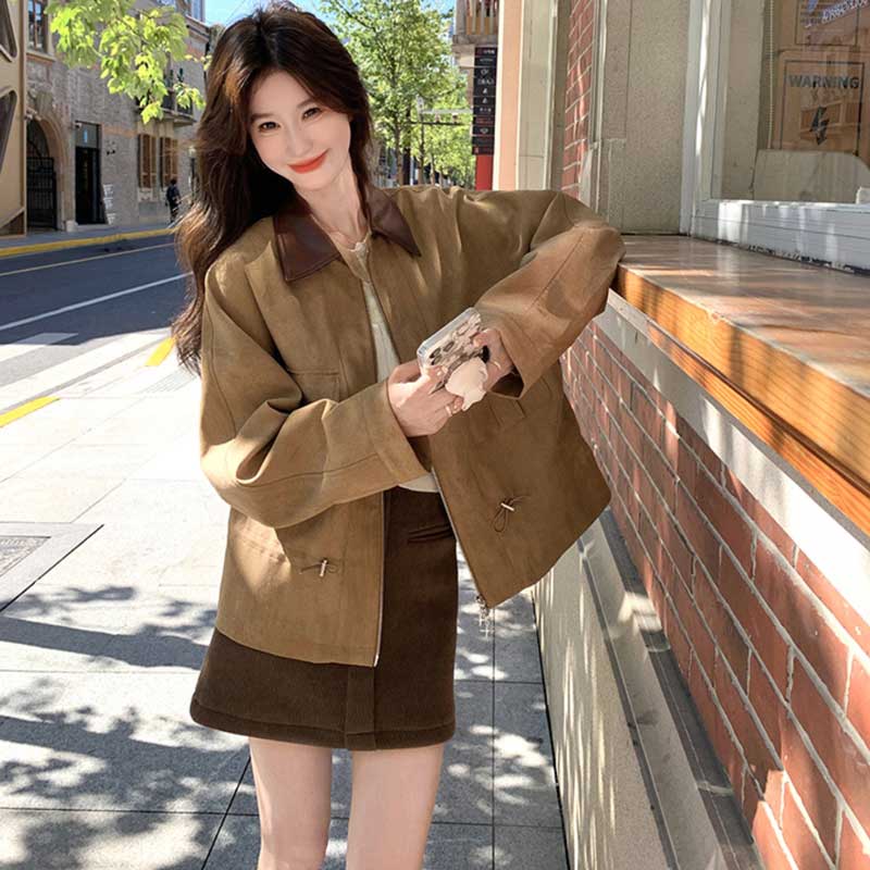 バイカラーカラースエードジャケット（茶）秋/冬 やわらかな質感で秋の