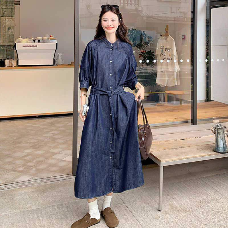 ノーカラーロングデニムワンピース