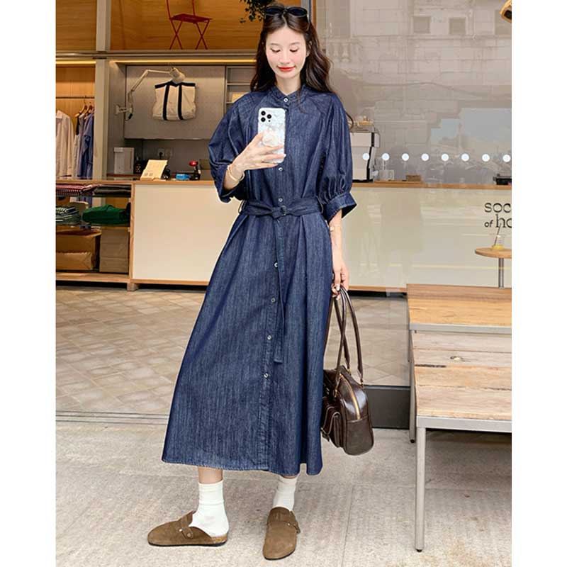 ノーカラーロングデニムワンピース