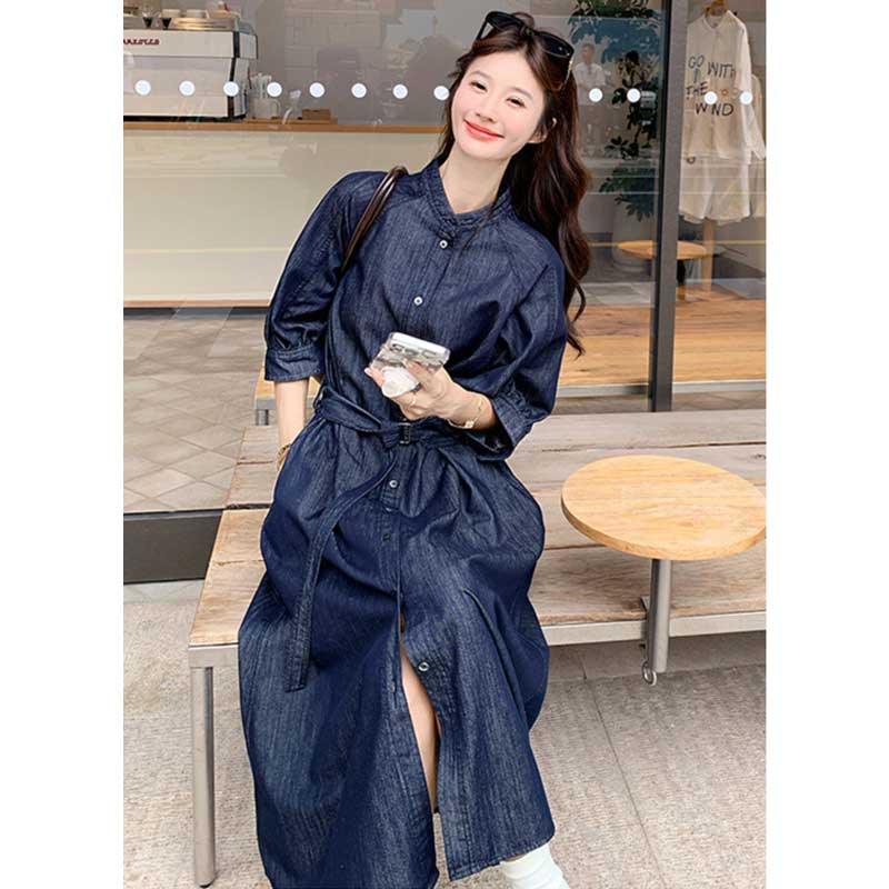 ノーカラーロングデニムワンピース