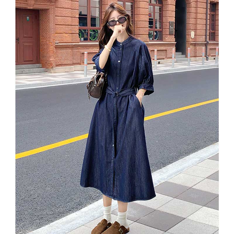 ノーカラーロングデニムワンピース