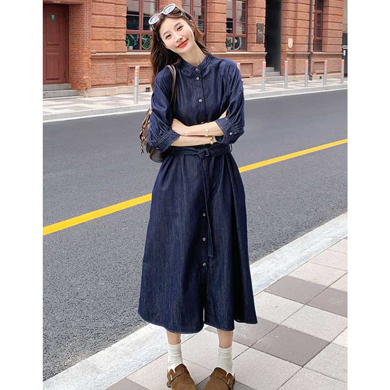 ノーカラーロングデニムワンピース