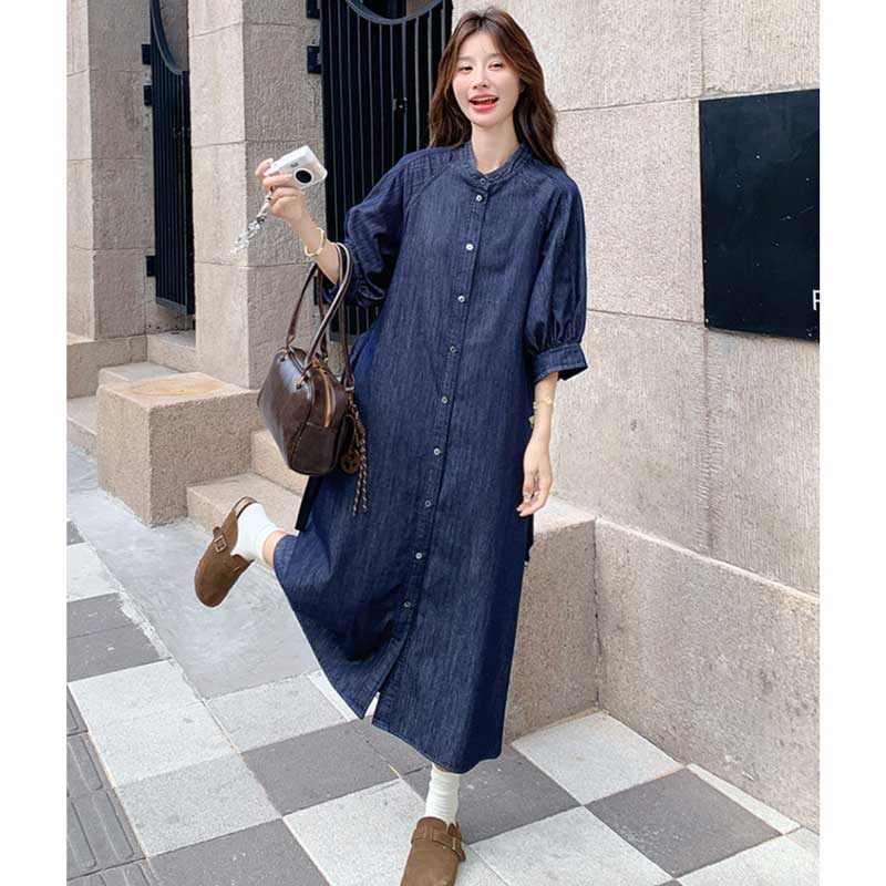 ノーカラーロングデニムワンピース