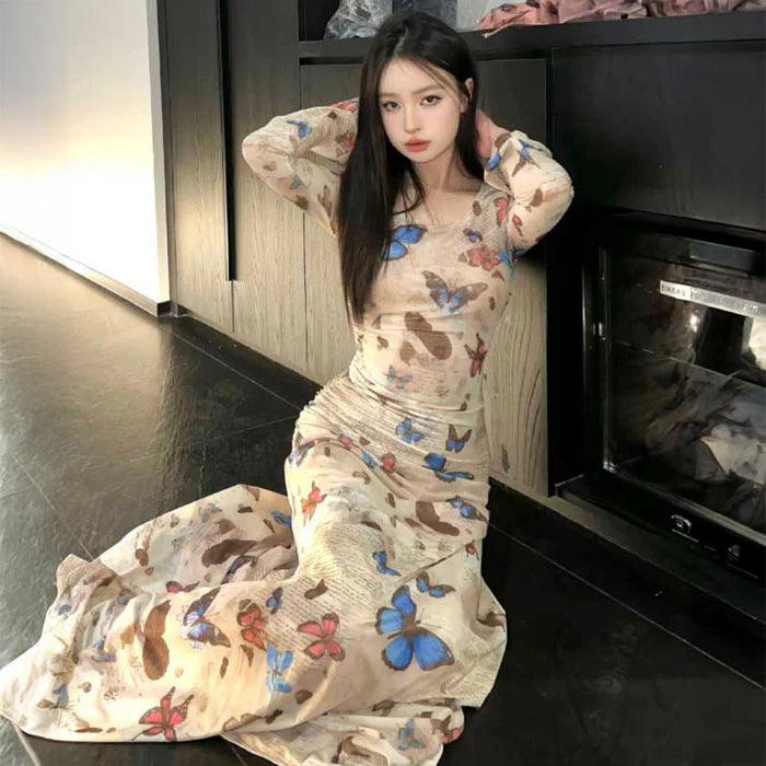 バタフライプリントロングワンピース