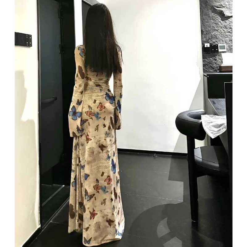 バタフライプリントロングワンピース