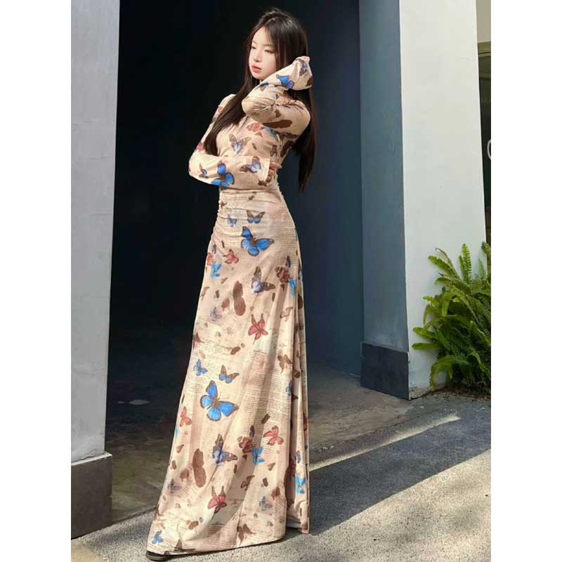 バタフライプリントロングワンピース