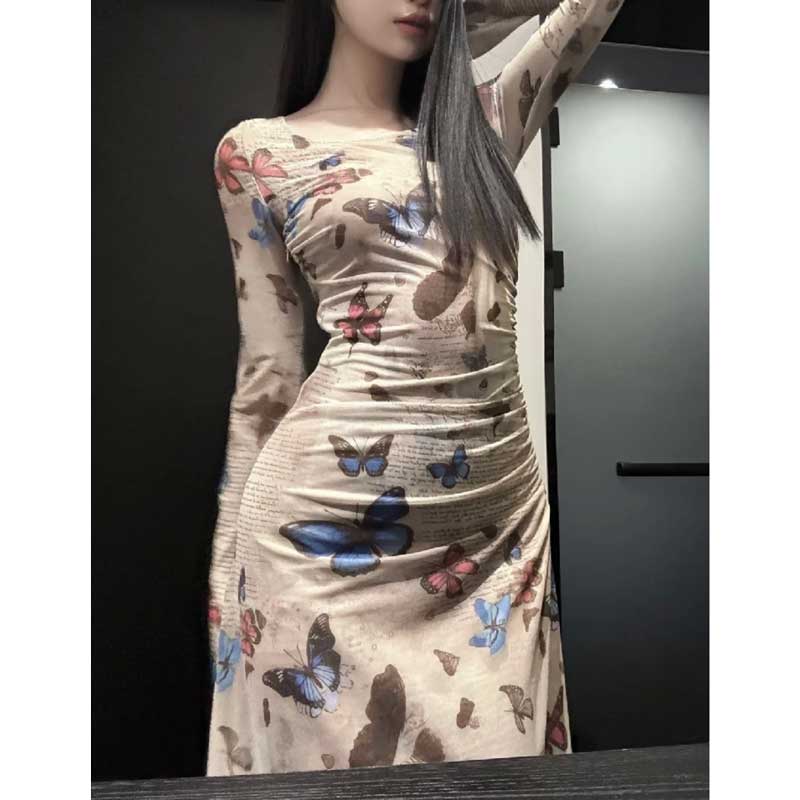 バタフライプリントロングワンピース
