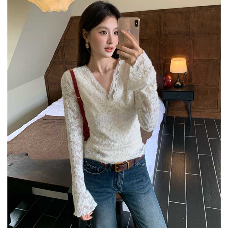 Vネックレースカットソー(2colors)