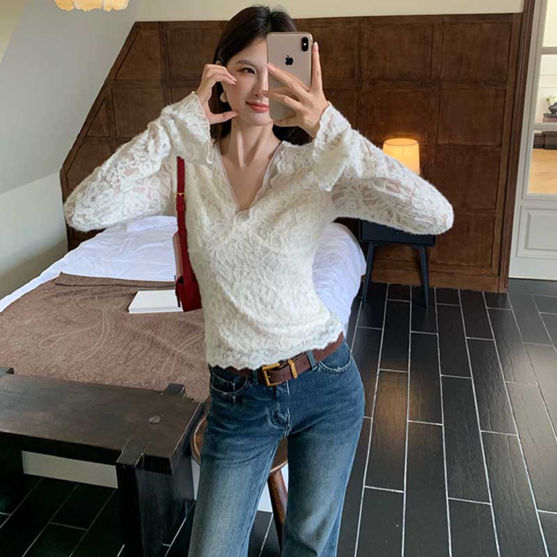 Vネックレースカットソー(2colors)