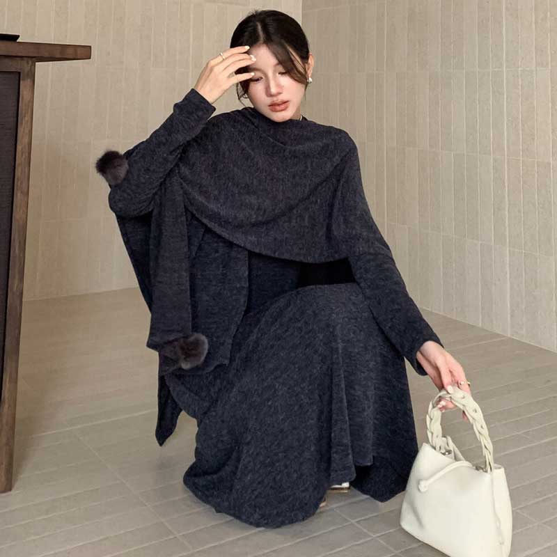 ショール付きハイネックワンピース(3colors)