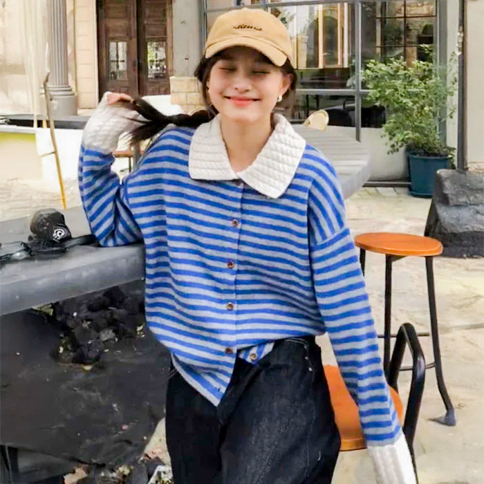 ケーブルカラーボーダーニットカーディガン