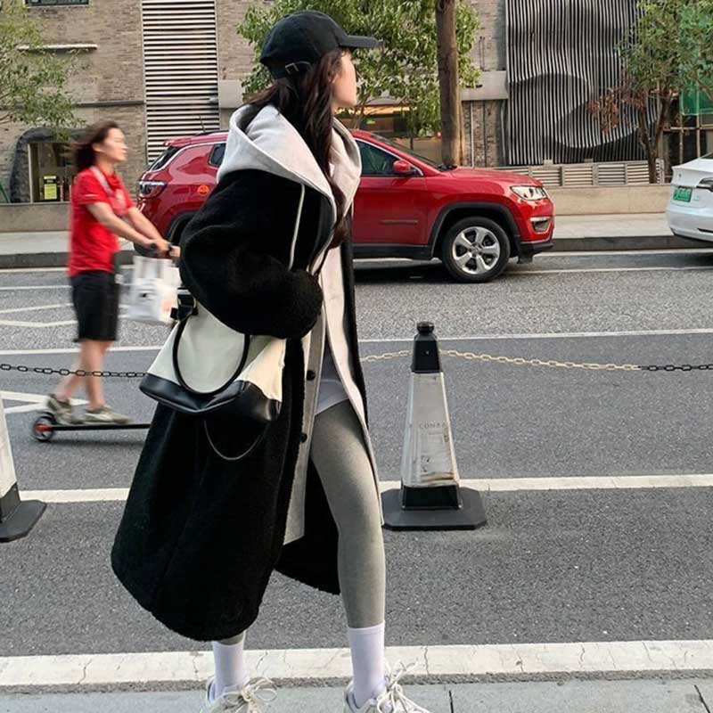 レイヤード風フード付きボアロングコート(3colors)