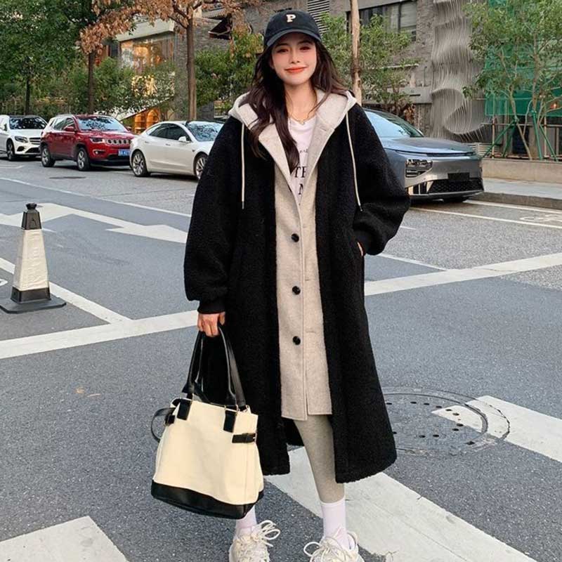 レイヤード風フード付きボアロングコート(3colors)（黒・灰・白）秋/冬