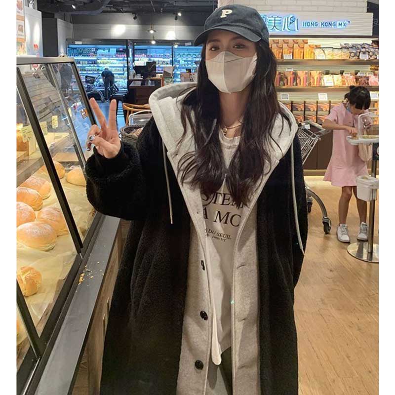 レイヤード風フード付きボアロングコート(3colors)