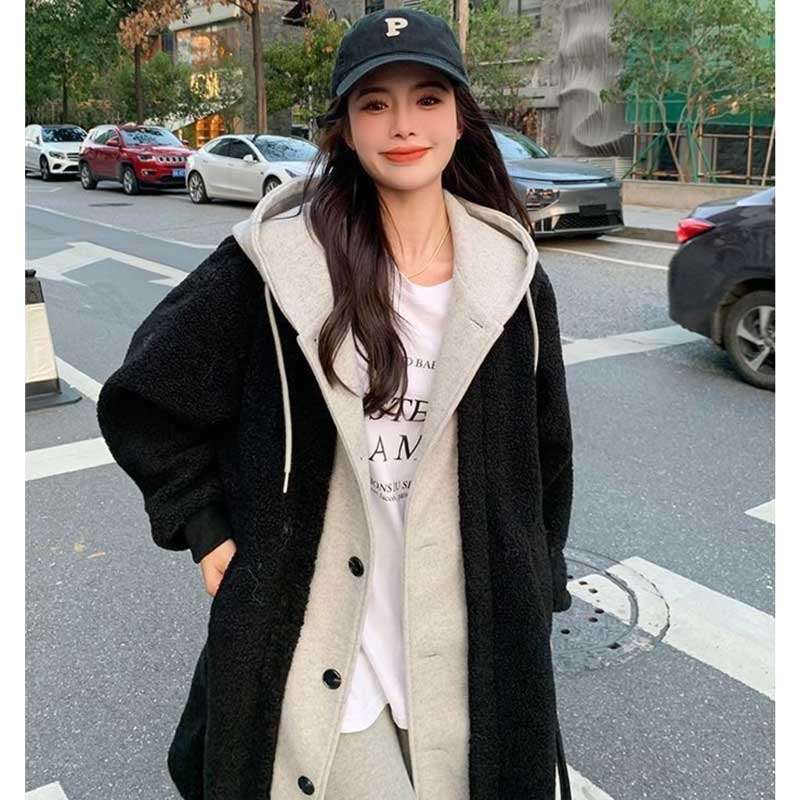 レイヤード風フード付きボアロングコート(3colors)