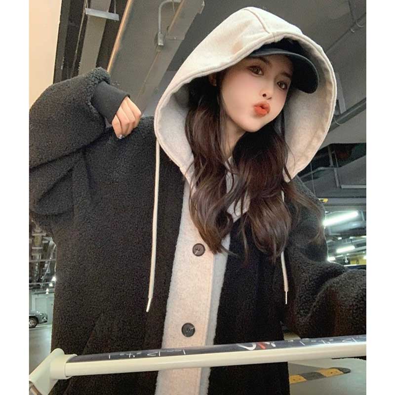 レイヤード風フード付きボアロングコート(3colors)