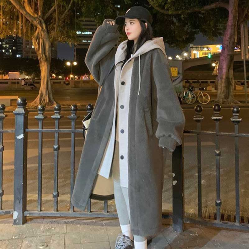 レイヤード風フード付きボアロングコート(3colors)