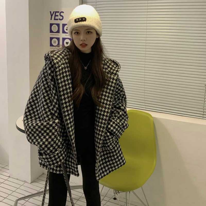 フード付き千鳥柄ジャケット