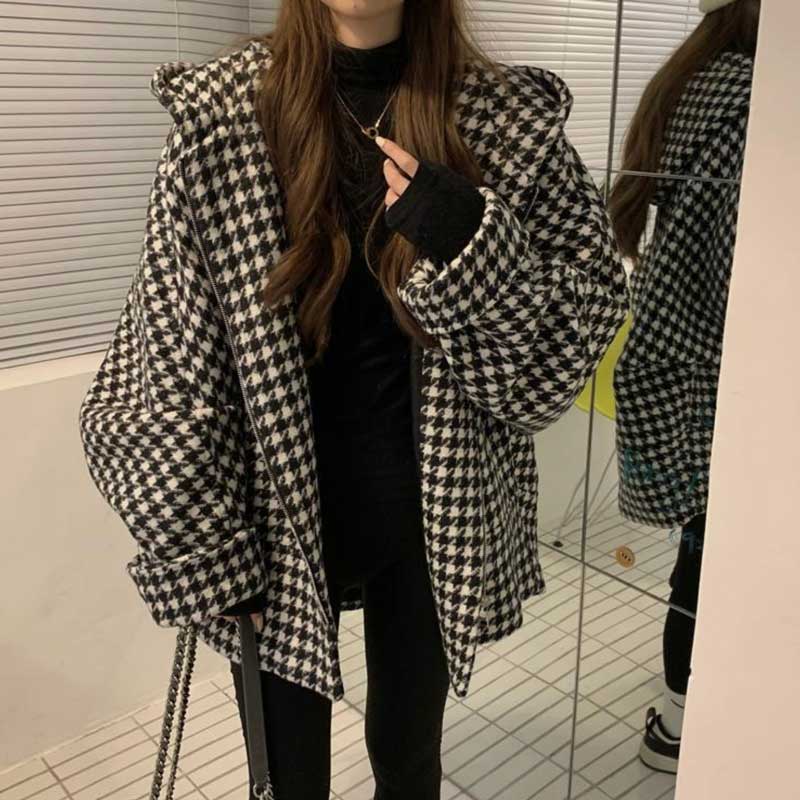 フード付き千鳥柄ジャケット
