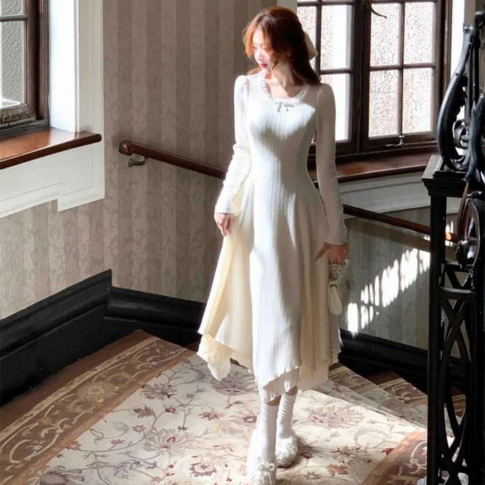 レーストリムフレアニットワンピース