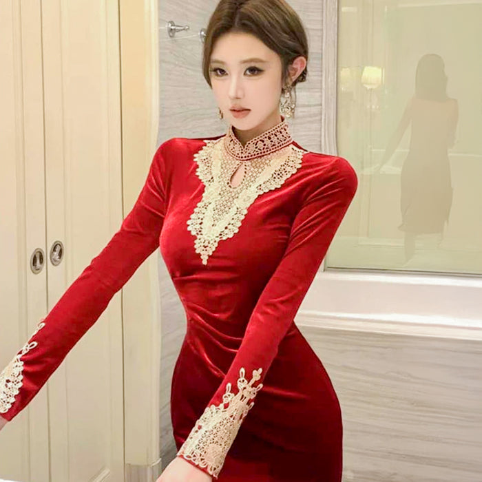 レッドベロアマーメイドワンピース