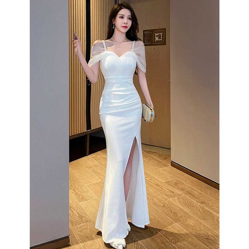 オフショルダー スリット入りドレス オフショルダースリット入りロングドレス(2colors)（白・青）大胆