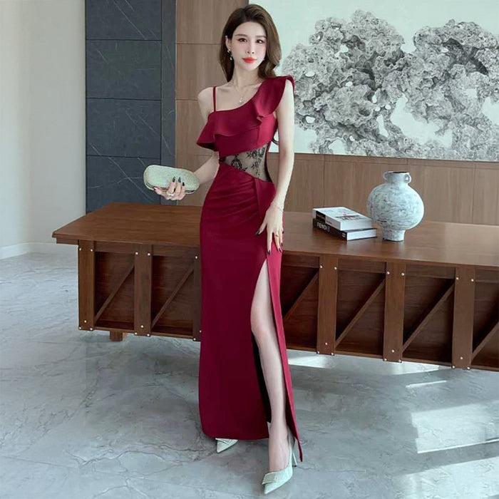 ワンショルダー　レース　スリットロングドレス　レッド ワンショルダーレーススリットロングドレスレッド