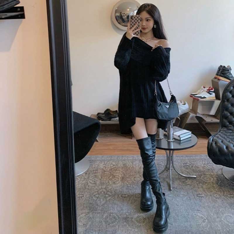 オフショルダーリラックスニットワンピース(2colors)