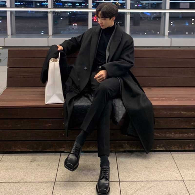 ロングチェスターコート(2colors)（黒・茶）秋/冬 Iラインを強調する