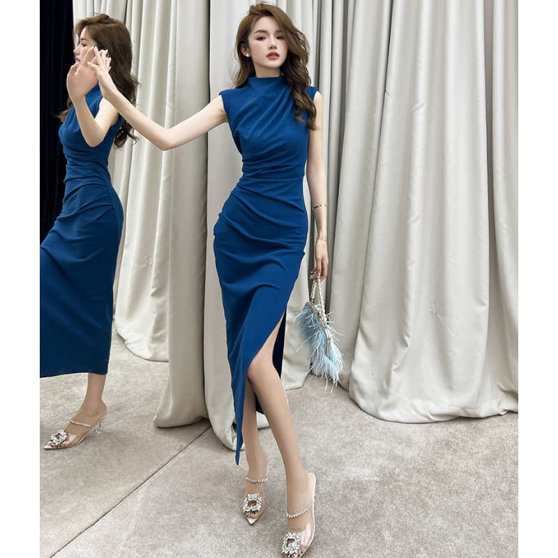 ミニハイネックタック入りスリットペンシルワンピース(2colors)