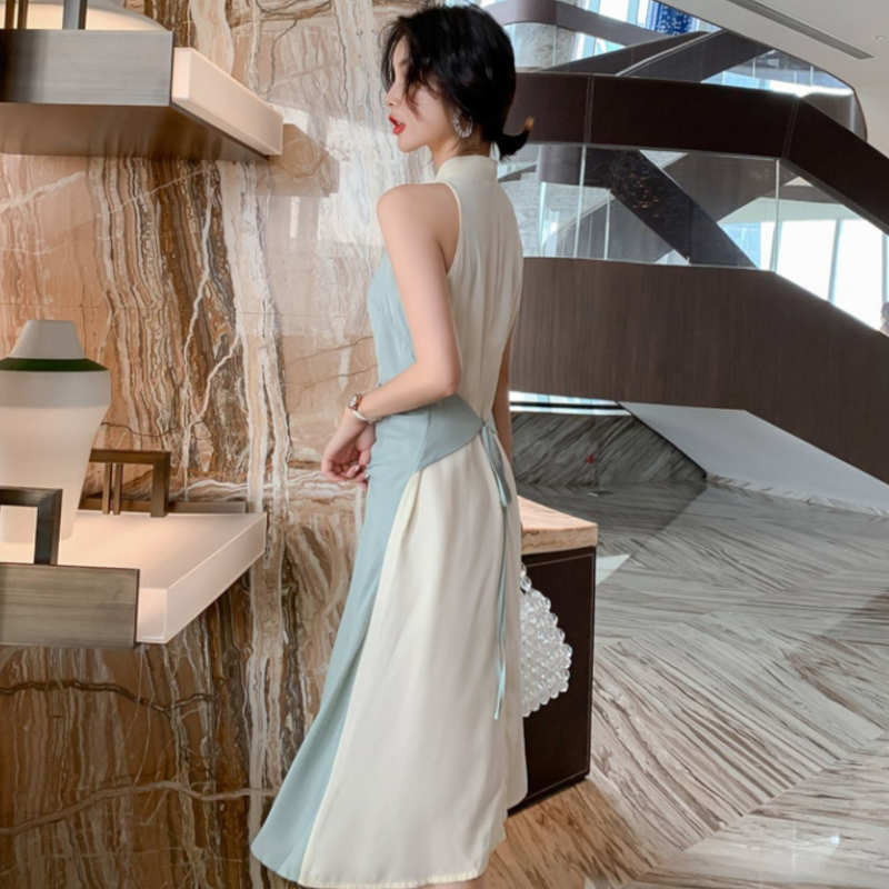 ボウタイフロントギャザーバイカラーワンピース